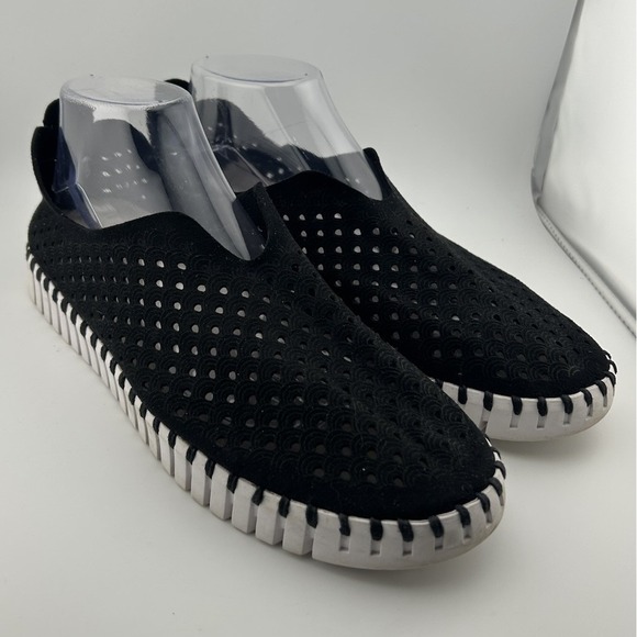 Ilse Jacobsen Shoes - Ilse Jacobsen Black Perforated Slip-On Flats with White Trim